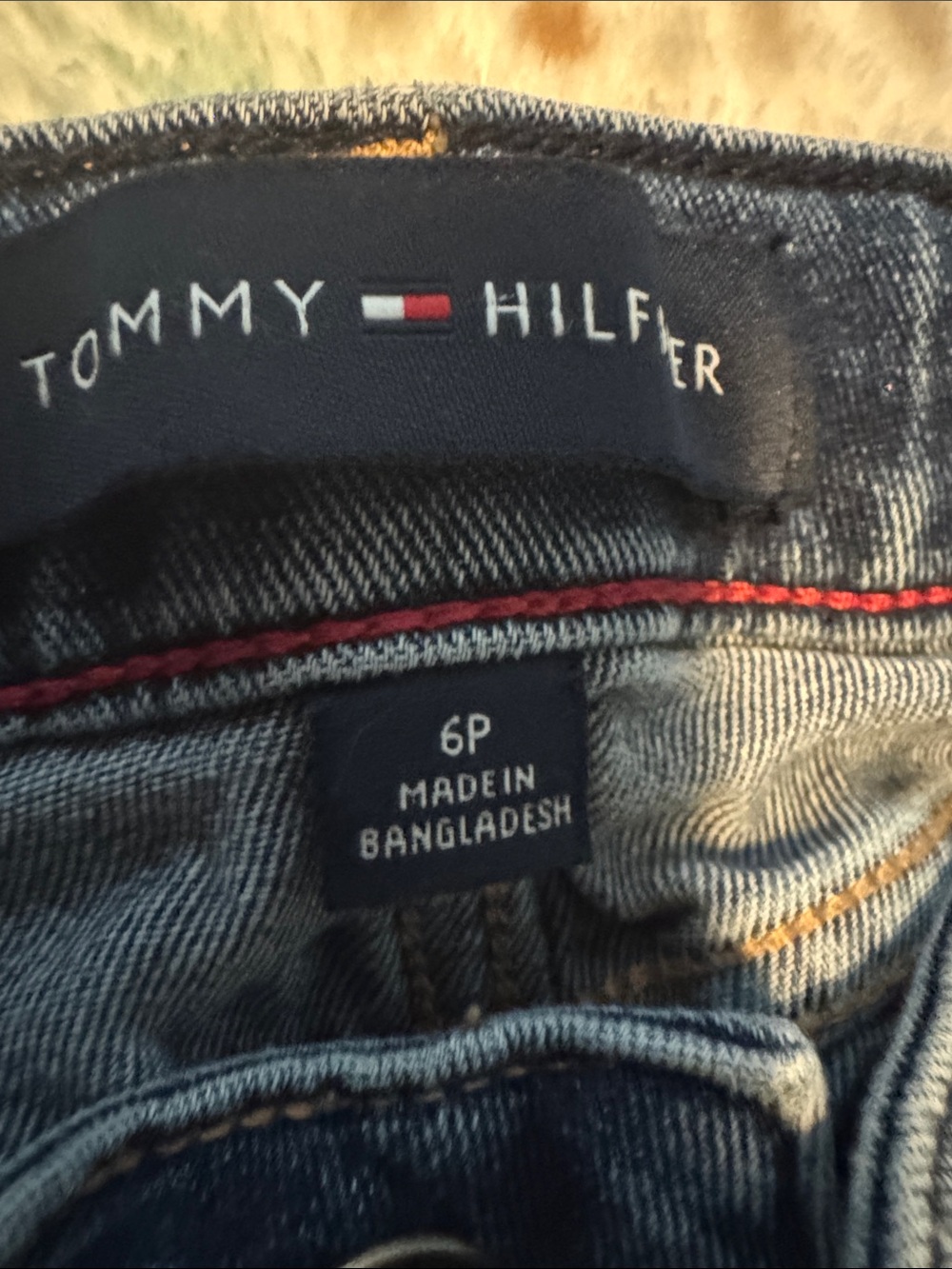Tommy Hilfiger Men's Dark Blue Denim Jeans with Red Stitching Detail